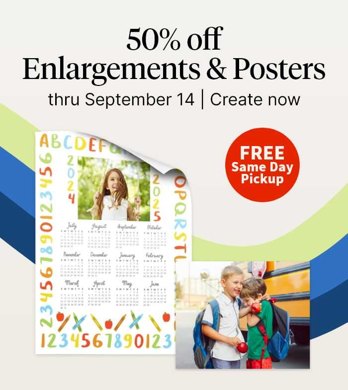 50% off Enlargements & Posters thru September 14. FREE Same Day Pickup. Create now. 