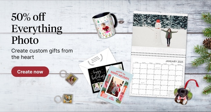 50% off Everything Photo. Create custom gifts from the heart. Create now.